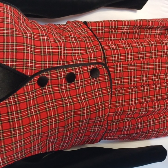 Vintage J.B.S Plaid Dress, Red Plaid w black velvet top, faux vest - Picture 3 of 10